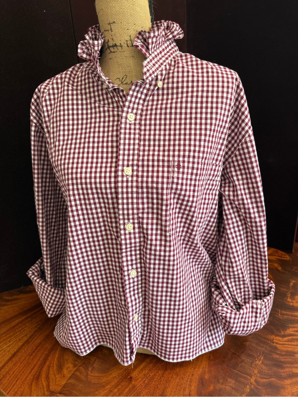 Upcycled Izod Burgundy and White Gingham Ruffle-Collar Button Down Shirt